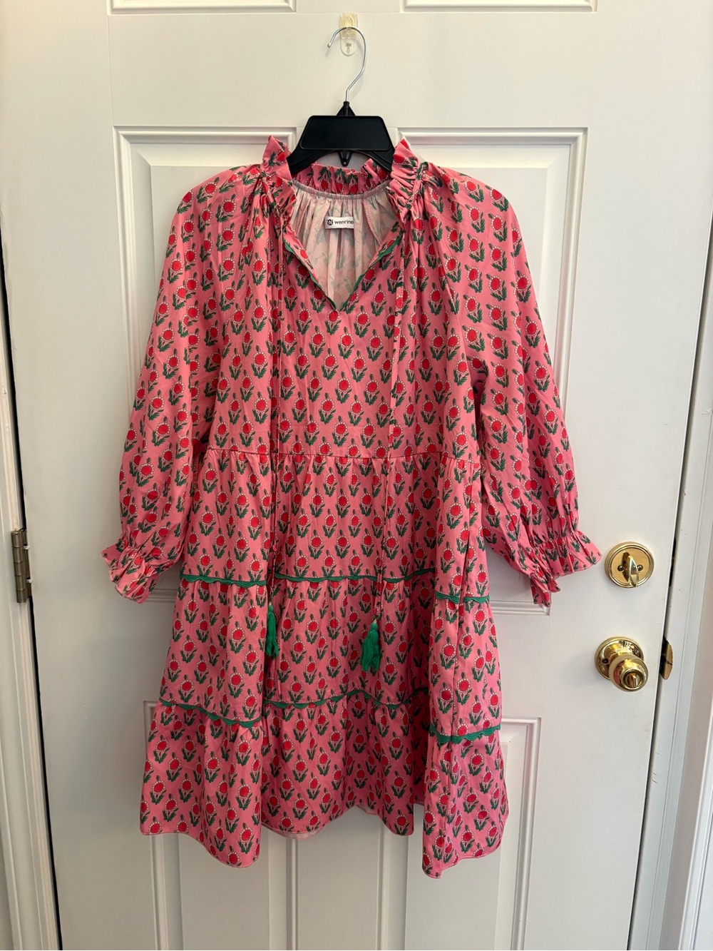 Women’s Pink Floral Tiered Long Sleeve Dress with Tassel Detail